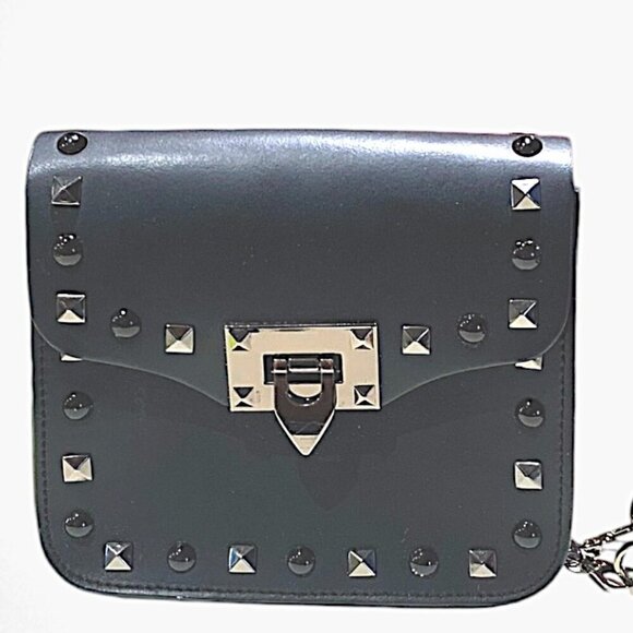 Borse in Pelle Black Studded Matte Leather Crossbody Bag w/Chainstrap - Picture 2 of 15